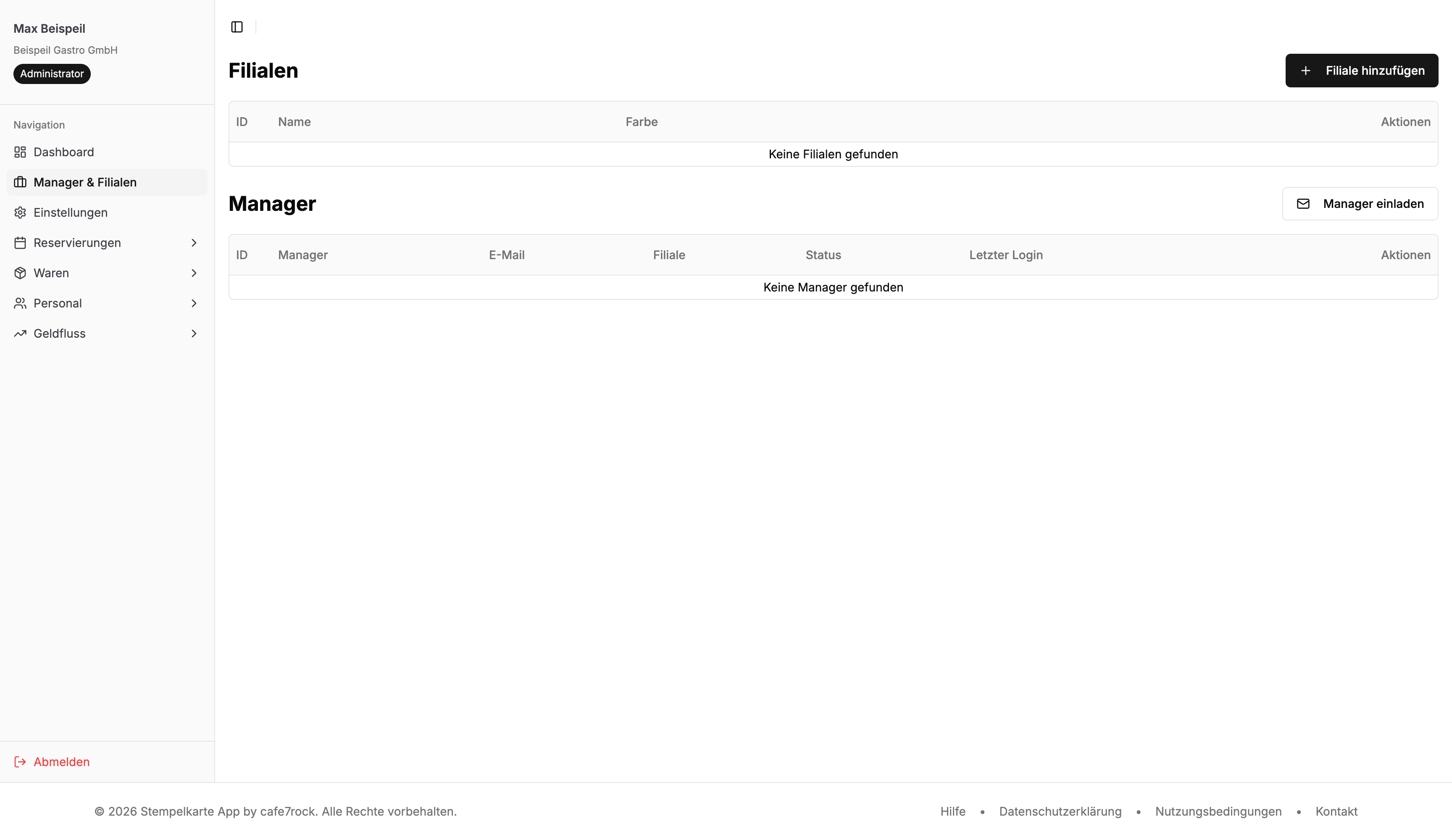 Admin-Web: Manager & Filialen Seite vor dem Anlegen