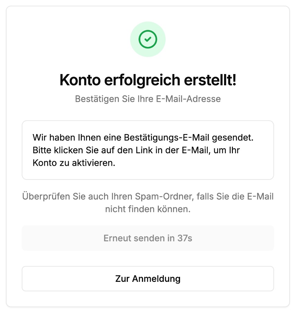 Admin-Web: Hinweis nach Registrierung zur E-Mail-Bestätigung