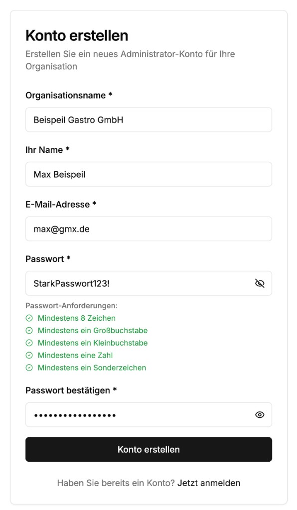 Admin-Web: Formular mit eingegebenen Daten