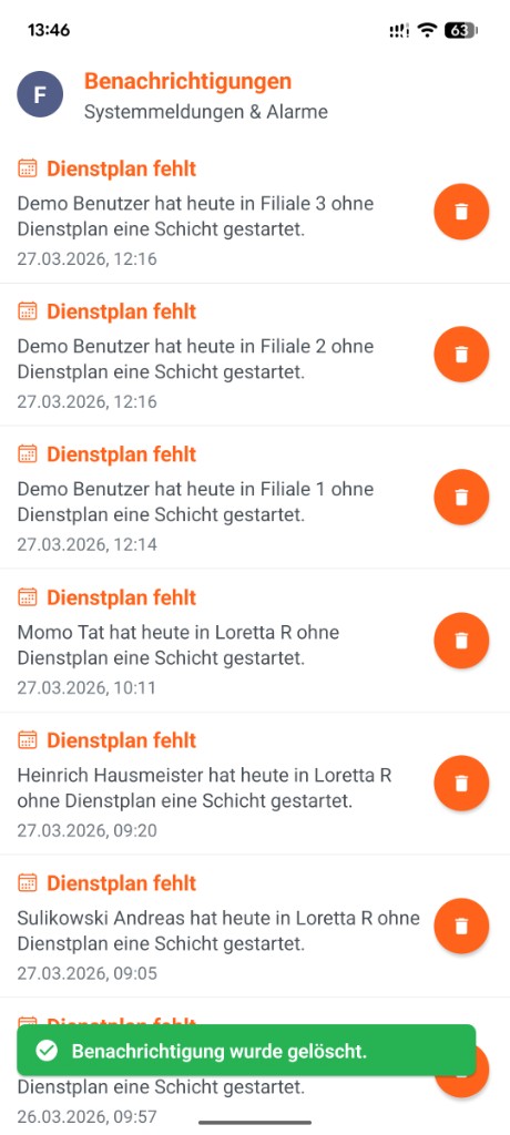 Manager-App: Benachrichtigungen Liste