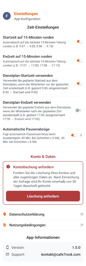 Manager-App: Einstellungen geöffnet