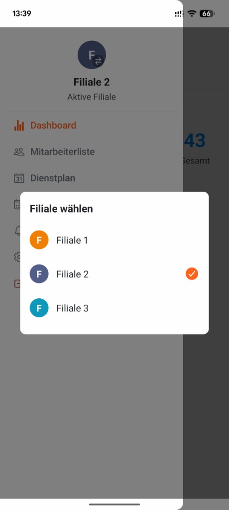 Manager-App: Filialauswahl Dialog