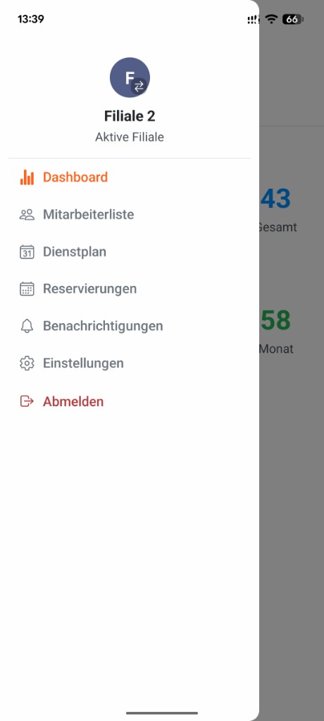 Manager-App: Menü geöffnet