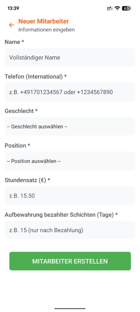 Manager-App: Formular Neuer Mitarbeiter
