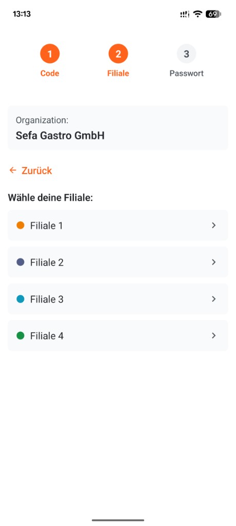Restaurant-App: Filiale auswählen
