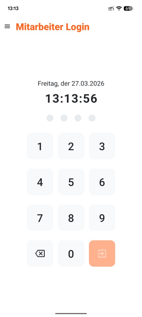 Restaurant-App: Hauptscreen mit Mitarbeiter-PIN