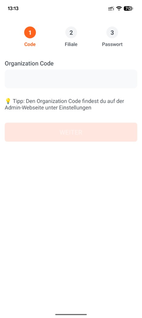 Restaurant-App Startansicht mit Organization Code Feld
